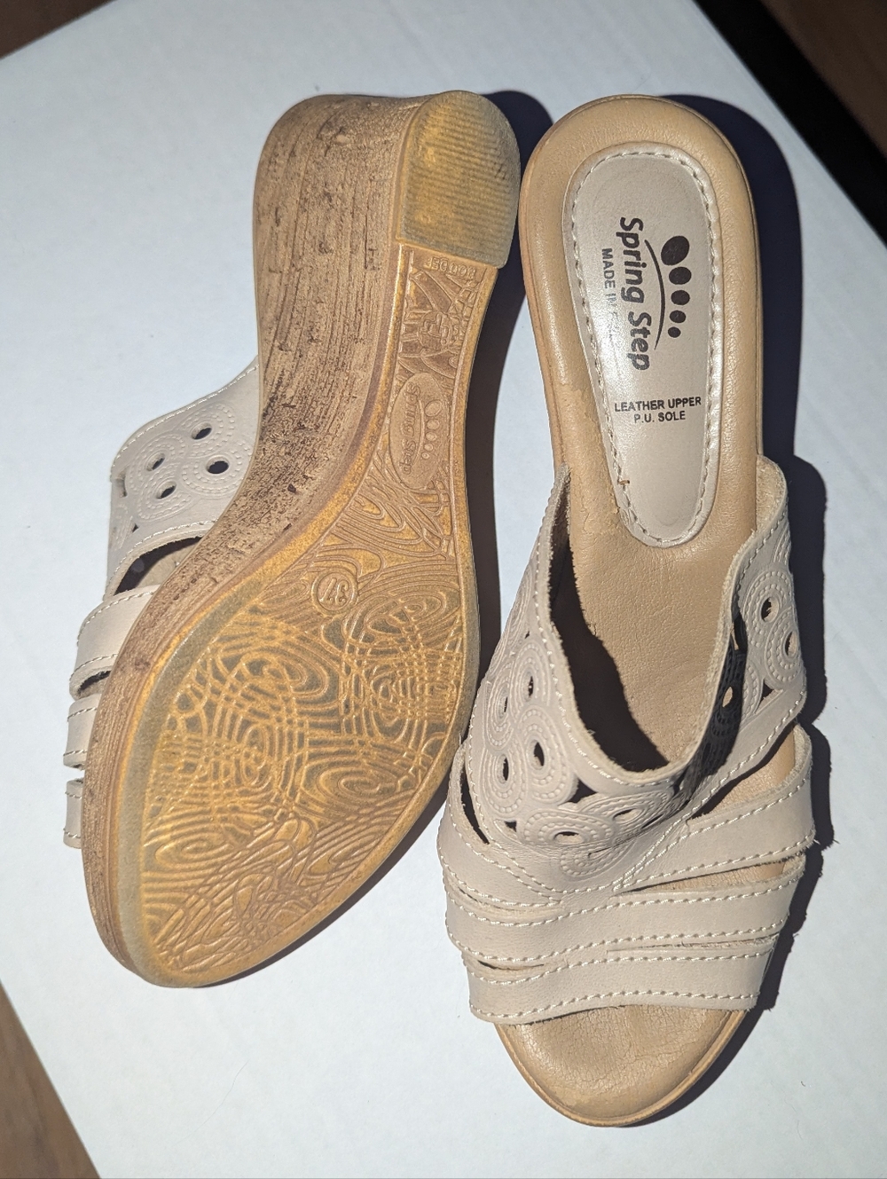 Spring Step Beige Leather Slide Sandals Wedge Comfort Mules Made in Italy Sz 37